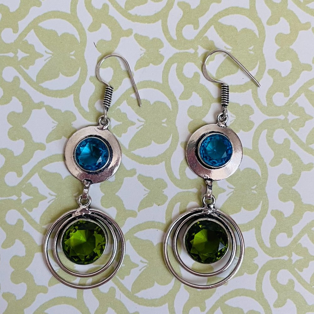 Blue Topaz/Peridot Gemstone 925 Sterling Silver Plated Artisan Dangle Earrings - Picture 4 of 7